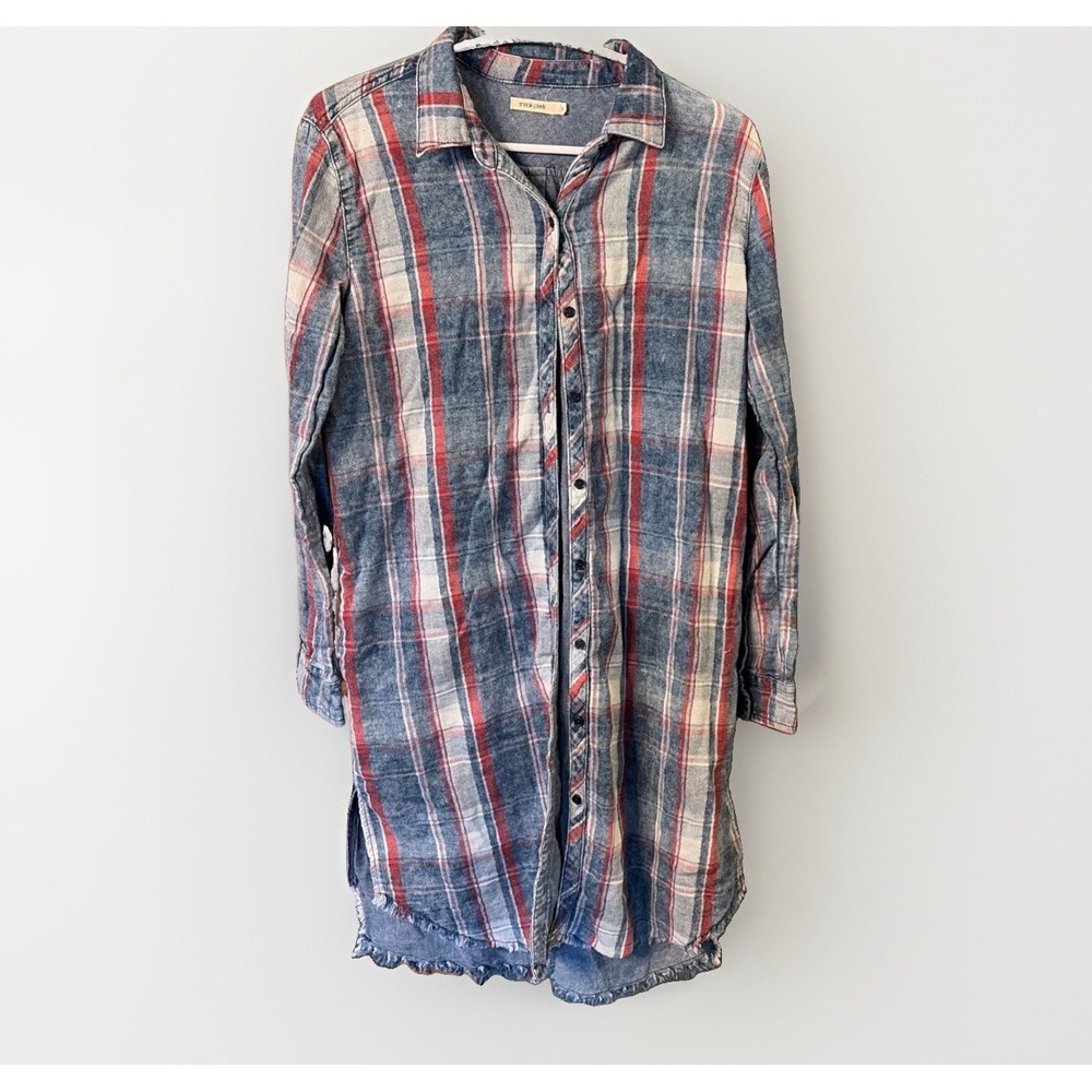 Women's Sm Bohemian Raw Edge Faded Lived In Extra Long Flannel Shirt 100% Cotton